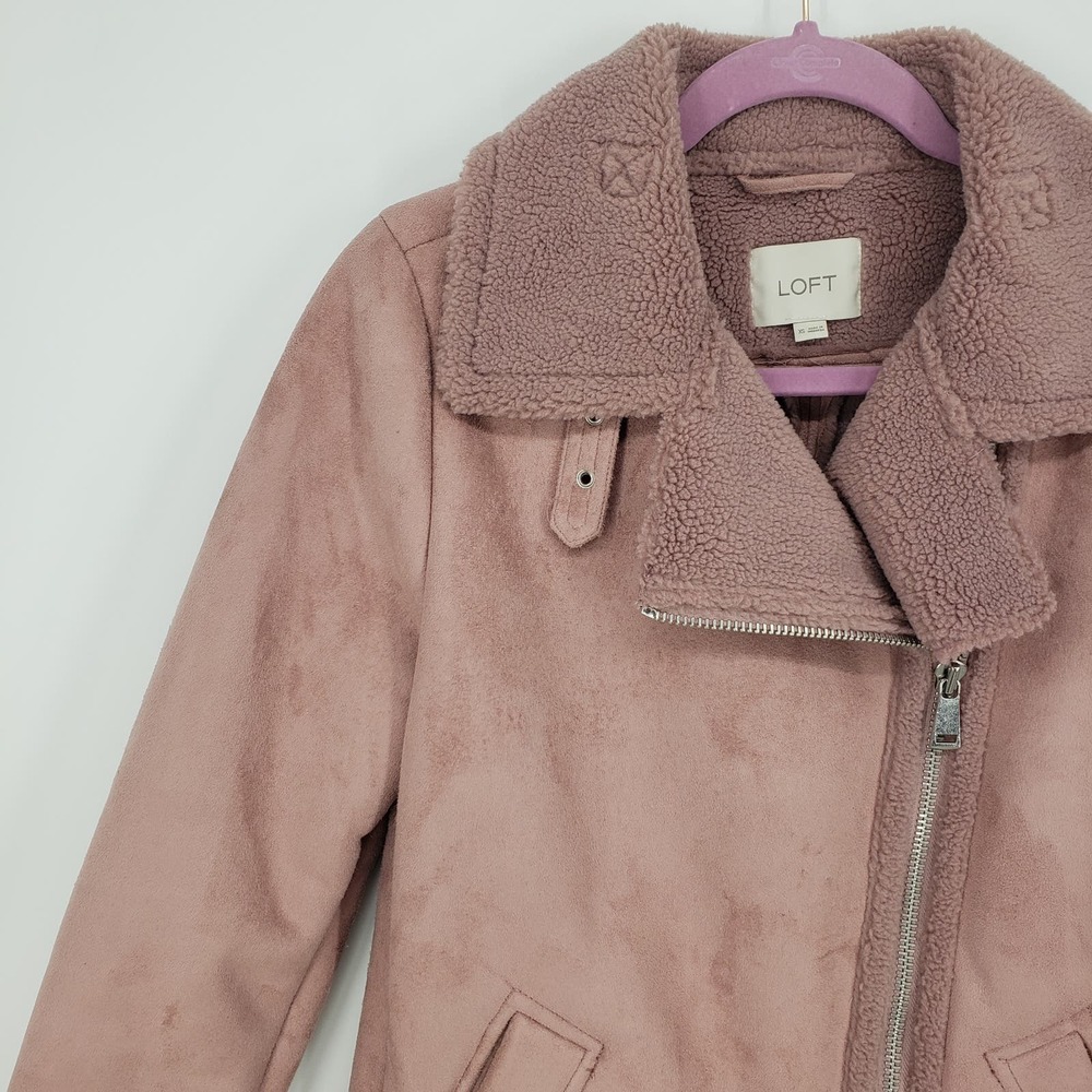 LOFT Faux Suede Aviator Jacket XS Sherpa Moto Asymmetrical Zip Up Mauve Pink - Picture 5 of 10